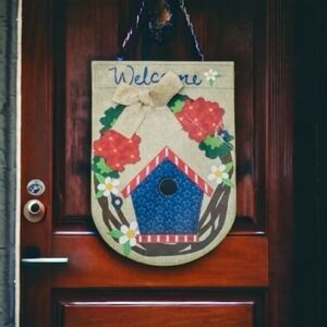 Welcome Sign Multicolored Birdhouse Door Hanging Sign Wall Tapestry Canvas Flag